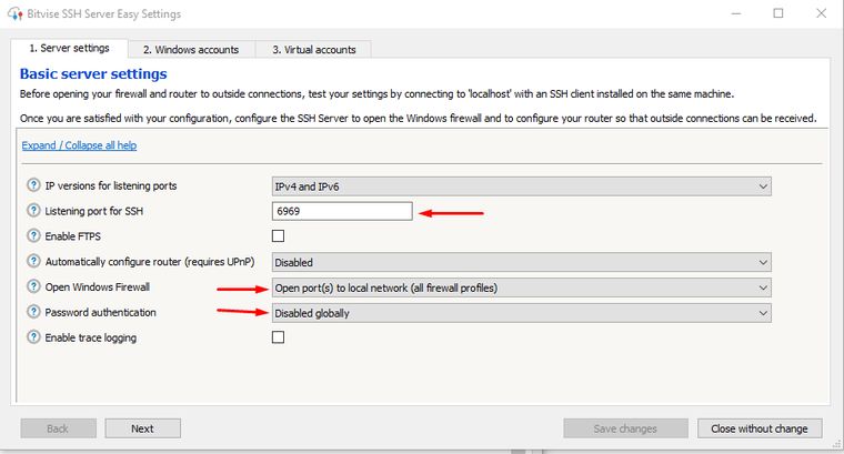 a picture of the bitvise easy settings dialogue with the port and password authentication changed